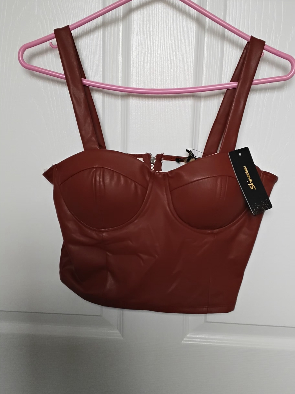 *CLOSET CLEAROUT* $9 NWT Faux Leather Crop Top, Zipper Bach- Rust Size M